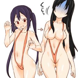 Rule 34 | 2girls, akiyama mio, arrow (symbol), bikini, black hair, blush, breast envy, breasts, brown eyes, cameltoe, cosplay, costume switch, embarrassed, flat chest, groin, k-on!, large breasts, long hair, lowres, micro bikini, multiple girls, nakano azusa, navel, open mouth, partially visible vulva, shinama, skindentation, slingshot swimsuit, swimsuit, turn pale, twintails, wedgie