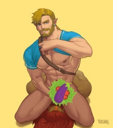 Rule 34 | 2boys, abs, absurdres, aged up, alternate facial hair, alternate pectoral size, anilingus, bara, bare pectorals, beard, blonde hair, bottomless, censored, chest harness, clothes lift, colored skin, dark-skinned male, dark skin, emoji, emoji censor, facial hair, ganon, ganondorf, green skin, harness, helbai, highres, interracial, large pectorals, leather, lifted by self, link, looking at viewer, male focus, mature male, multiple boys, muscular, muscular male, naked shirt, navel, nintendo, nipples, paid reward available, pectorals, shirt, shirt lift, short hair, smile, solo focus, stomach, testicles, testicles on face, the legend of zelda, thighs, yaoi