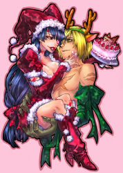 Rule 34 | 00s, 1boy, 1girl, adiane, blue hair, boots, bow, breasts, cake, carrying, christmas, cleavage, couple, eyepatch, food, fruit, hat, hetero, jester cap, long hair, low-tied long hair, pastry, pink background, piote, red eyes, santa costume, santa hat, scorpion tail, strawberry, tail, tattoo, tengen toppa gurren lagann, topless male, viral (ttgl)