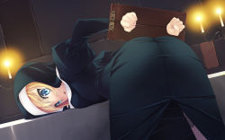 Rule 34 | 1girl, arms behind back, ass, bdsm, blonde hair, blue eyes, blush, bondage, bound, candle, cuffs, f-ism, fishnet thighhighs, fishnets, habit, handcuffs, highres, imminent rape, leaning forward, looking at viewer, looking back, murakami suigun, nun, open mouth, original, solo, stocks, surprised, thighhighs, traditional nun