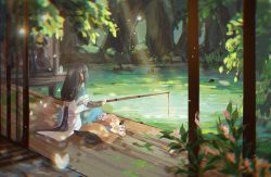 Rule 34 | 2boys, black hair, blanket, catalpahua, chromatic aberration, fishing, fishing rod, flower, highres, leaf, long hair, low-tied long hair, luo xiaohei, luo xiaohei (human), luo xiaohei zhanji, lying, multiple boys, on back, open mouth, pink flower, plant, shadow, short sleeves, sitting, tree, water, white hair, wuxian (the legend of luoxiaohei)