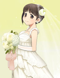 Rule 34 | 10s, 1girl, alternate costume, alternate hairstyle, blush, bouquet, braid, breasts, bride, brown eyes, brown hair, cleavage, dress, earrings, eyebrows, flower, flower earrings, flower request, from side, gloves, gradient background, hair flower, hair ornament, holding, holding bouquet, jewelry, jyushimatsu&#039;s girlfriend, long hair, looking at viewer, necklace, nirego, osomatsu-san, osomatsu (series), pearl necklace, ribbon, see-through, smile, solo, upper body, veil, wedding dress, white dress, white flower, white gloves, yellow background