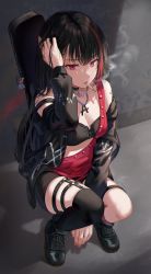 Rule 34 | 1girl, absurdres, arm up, bad id, bad twitter id, bang dream!, bare shoulders, between legs, black bra, black choker, black footwear, black hair, black jacket, black shorts, black thighhighs, boots, bra, breasts, choker, cigarette, cleavage, guitar case, highres, instrument case, jacket, jewelry, long hair, looking at viewer, mitake ran, multicolored hair, necklace, off shoulder, open clothes, open jacket, red eyes, revealing clothes, short shorts, shorts, single thighhigh, small breasts, smoking, solo, squatting, streaked hair, thigh strap, thighhighs, tokkyu, underwear