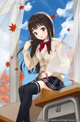 Rule 34 | 1girl, 2018, absurdres, artist name, autumn leaves, black skirt, black thighhighs, blue sky, bow, breasts, brown eyes, brown hair, cardigan, chair, cloud, collared shirt, commentary, curtains, day, desk, feet out of frame, food, from below, highres, indoors, leaf, long hair, long sleeves, looking at viewer, maple leaf, medium breasts, miniskirt, open mouth, open window, original, plaid, plaid skirt, pocky, red neckwear, saemoy, school chair, school desk, school uniform, shirt, sitting, sitting in window, skirt, sky, smile, solo, thighhighs, through window, tree, watermark, window, zettai ryouiki