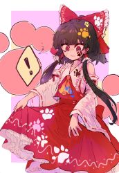 Rule 34 | !, 1girl, bow, brown hair, choushi bukkoki maru, commentary request, detached sleeves, hair bow, hair tubes, hakurei reimu, long sleeves, paw print, pink background, red bow, red eyes, red shirt, red skirt, shirt, short hair with long locks, skirt, skirt hold, solo, spoken exclamation mark, touhou, wide sleeves, wily beast and weakest creature