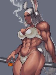 Rule 34 | 1girl, abs, absurdres, alcohol, animal ears, bikini, boku no hero academia, cigarette, cup, drinking glass, female focus, highres, holding, holding cup, long hair, milka01477, mirko, muscular, muscular female, rabbit ears, rabbit girl, red eyes, smoking, solo, swimsuit, thick thighs, thighs, whiskey, white bikini, white hair