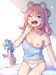 Rule 34 | 2girls, ;o, = =, animal ears, babydoll, bare arms, bare shoulders, bear ears, blue camisole, blue eyes, blue hair, breasts, camisole, closed eyes, collarbone, commentary, cup, english commentary, fang, groin, hair between eyes, highres, long hair, medium breasts, messy hair, mug, multiple girls, nieve (rabi ribi), nipples, nixie (rabi ribi), one eye closed, open mouth, panties, pink camisole, pink hair, rabi-ribi, siblings, sisters, sitting, sleepy, spaghetti strap, speckticuls, strap slip, tail, tears, toothbrush, underwear, underwear only, waking up, white panties, wince, yawning