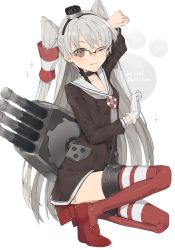 Rule 34 | 10s, 1girl, amatsukaze (kancolle), bespectacled, breasts, brown eyes, glasses, gloves, hairband, hayashi kewi, highres, kantai collection, long hair, machinery, md5 mismatch, one eye closed, silver hair, simple background, small breasts, solo, two side up