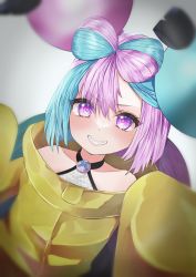 Rule 34 | 1girl, blurry, blush, character hair ornament, collarbone, commentary request, creatures (company), eyelashes, game freak, green hair, grin, hair ornament, highres, iono (pokemon), jacket, kuro okami, long hair, looking at viewer, multicolored hair, nintendo, pokemon, pokemon sv, purple eyes, purple hair, sharp teeth, shirt, sleeveless, sleeveless shirt, smile, solo, teeth, two-tone hair, upper body, yellow jacket