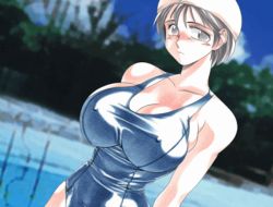 Rule 34 | 1girl, animated, animated gif, areola slip, blush, bouncing breasts, breasts, cleavage, clothes pull, cloud, covered erect nipples, day, dutch angle, embarrassed, frown, game cg, grey eyes, grey hair, huge breasts, looking at viewer, looking down, nipples, non-web source, norota noromi, one-piece swimsuit, one-piece swimsuit pull, outdoors, photo background, pool, poolside, public indecency, school swimsuit, short hair, sky, solo, swim cap, swimsuit, taisen hot gimmick, taisen hot gimmick kairakuten, tokisaka mugi, topless, torn clothes, traditional media, tree, upper body, wardrobe malfunction, water