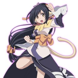 Rule 34 | 10s, 1girl, animal ears, black hair, brown eyes, clenched hand, highres, kuon (utawarerumono), long hair, low-tied long hair, obi, open mouth, sash, simple background, solo, soraeda, tail, transparent background, utawarerumono, utawarerumono: itsuwari no kamen, very long hair, white background