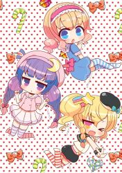 Rule 34 | &gt; o, 3girls, :o, ;d, alice margatroid, bad id, bad pixiv id, beret, black hat, black shorts, blonde hair, blouse, blue dress, blue eyes, blunt bangs, blush, bow, braid, candy, candy cane, chibi, commentary request, crescent, dress, fang, food, frilled hairband, frills, hair between eyes, hair ornament, hairband, hat, heart, kirisame marisa, kneeling, long hair, low twintails, mashiro miru, mini hat, multiple girls, no shoes, one eye closed, open mouth, orange bow, parted lips, patchouli knowledge, pink bow, pink hairband, pink hat, pink shirt, pleated skirt, polka dot, polka dot background, puffy short sleeves, puffy shorts, puffy sleeves, purple eyes, purple hair, sailor dress, school uniform, serafuku, shirt, shooting star hair ornament, short sleeves, shorts, side braid, side ponytail, skirt, sleeveless, sleeveless shirt, smile, star (symbol), star hair ornament, striped clothes, striped legwear, striped thighhighs, thighhighs, touhou, twin braids, twintails, v, v-shaped eyebrows, very long hair, white background, white shirt, white skirt, wrist cuffs