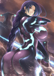 Rule 34 | 1girl, adjusting hair, ahoge, alien, armor, ass, blue hair, bodysuit, braid, breasts, covered erect nipples, cowboy shot, energy sword, from side, gloves, glowing, grin, haganef, holding, holding weapon, huge ahoge, huge breasts, impossible bodysuit, impossible clothes, light particles, long hair, looking at viewer, looking back, neon trim, original, purple hair, red eyes, single braid, skin tight, smile, solo, space sheriff saya, sword, very long hair, weapon