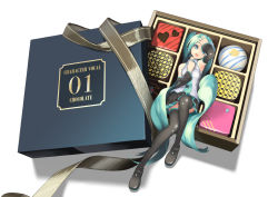 Rule 34 | 1girl, aqua eyes, aqua hair, aqua nails, aqua necktie, bare shoulders, black skirt, black sleeves, black thighhighs, boots, box, box of chocolates, chocolate, commentary, detached sleeves, full body, grey shirt, hair ornament, hand on own chest, hand on own head, hatsune miku, headphones, headset, heart, highres, knee up, long hair, looking at viewer, lying, mini person, minigirl, miniskirt, nail polish, necktie, on back, open mouth, pleated skirt, ribbon, rsk (tbhono), shirt, skirt, sleeveless, sleeveless shirt, smile, solo, thigh boots, thighhighs, twintails, very long hair, vocaloid, white background, zettai ryouiki