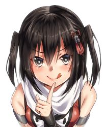 Rule 34 | 10s, 1girl, :p, bare shoulders, brown eyes, brown hair, elbow gloves, finger to mouth, gloves, hair ornament, kantai collection, keita (tundereyuina), scarf, sendai (kancolle), sendai kai ni (kancolle), smile, solo, tongue, tongue out, two side up, white scarf