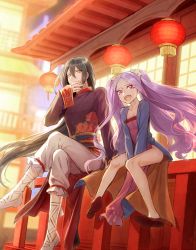 Rule 34 | 1boy, 1girl, bishounen, black hair, chinese clothes, fate/grand order, fate (series), flat chest, lantern, looking at viewer, meiji (meiji770), ponytail, purple hair, red eyes, red footwear, sitting, twintails, white footwear, wu zetian (fate), yan qing (fate)