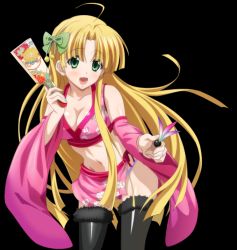 Rule 34 | 10s, 1girl, :d, ahoge, asia argento, black thighhighs, blonde hair, bow, breasts, cleavage, collarbone, cowboy shot, detached sleeves, floating hair, green bow, green eyes, groin, hair bow, high school dxd, holding, long hair, looking at viewer, medium breasts, midriff, navel, open mouth, panties, pink skirt, purple panties, shiny clothes, shiny skin, skirt, smile, solo, standing, stomach, thighhighs, tied skirt, transparent background, underwear, very long hair