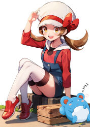 Rule 34 | 1girl, :d, absurdres, baozi 9527, bow, brown eyes, brown hair, cabbie hat, commentary request, creatures (company), from side, game freak, gen 2 pokemon, hand on headwear, hat, hat bow, highres, long hair, lyra (pokemon), marill, nintendo, open mouth, pokemon, pokemon (creature), pokemon hgss, red bow, red footwear, red shirt, shirt, shoes, sitting, smile, teeth, thighhighs, twintails, upper teeth only, white background, white headwear