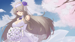 Rule 34 | 1girl, :o, bare shoulders, blue sky, branch, breasts, bridal veil, bride, cherry blossoms, cleavage, cloud, cloudy sky, diaoyidimaomao, dress, elbow gloves, flower, gloves, hair flower, hair ornament, hair over one eye, highres, honkai (series), honkai impact 3rd, long hair, looking at viewer, mole, mole under eye, open mouth, outdoors, purple flower, purple rose, rita rossweisse, rose, sky, solo, veil, wedding dress, white dress