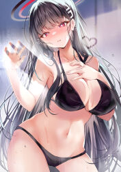Rule 34 | 1girl, absurdres, against glass, bare arms, bare shoulders, bikini, black bikini, black hair, blue archive, blush, breast suppress, breasts, bright pupils, cleavage, commentary request, contrapposto, cowboy shot, glass writing, halo, heart, highres, large breasts, long hair, looking at viewer, navel, nenobi (nenorium), paid reward available, parted lips, red eyes, ringed eyes, rio (blue archive), solo, stomach, swimsuit, very long hair, wet, white pupils