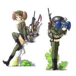 Rule 34 | 2girls, bad id, bad pixiv id, blue eyes, blue hair, boots, brown eyes, brown hair, bullpup, camouflage, cross-laced footwear, female soldier, flower, grass, green hat, green legwear, gun, hairband, hat, lace-up, lace-up boots, leaning, leaning forward, leg up, long hair, long legs, long sleeves, looking at viewer, mars expedition, military, military uniform, multiple girls, open mouth, rifle, rock, simple background, smile, strap, thighhighs, twintails, uniform, weapon, weapon request, white background, y (khakiyawn), zettai ryouiki
