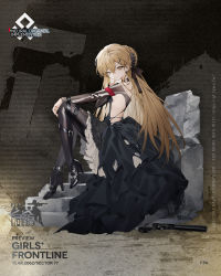 Rule 34 | 1girl, artist request, black choker, black dress, black footwear, bodystocking, boots, braid, breasts, brown eyes, character name, choker, closed mouth, copyright name, cross, cross earrings, dress, earrings, english text, finger to mouth, full body, girls&#039; frontline, gun, hair ornament, hair ribbon, hairclip, hand on own knee, handgun, high heel boots, high heels, highres, jewelry, light brown hair, long hair, long sleeves, looking at viewer, mod3 (girls&#039; frontline), official art, pistol, ppk (girls&#039; frontline), ppk (mod3) (girls&#039; frontline), promotional art, ribbon, shushing, sideboob, sitting, sitting on stairs, small breasts, solo, stairs, torn clothes, torn dress, very long hair, walther, walther ppk, weapon