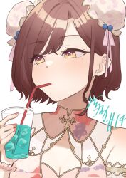 Rule 34 | 1girl, alternate costume, bare shoulders, breasts, bun cover, chinese clothes, cleavage, cleavage cutout, close-up, clothing cutout, cup, disposable cup, dress, drinking straw, hair behind ear, hair bun, highres, higuchi madoka, holding, holding cup, idolmaster, idolmaster shiny colors, light blush, looking to the side, mitora nao, mole, mole under eye, parted bangs, red hair, short hair, simple background, small breasts, solo, upper body, white background, white dress, yellow eyes