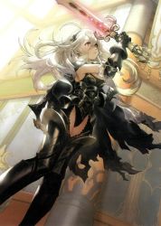 Rule 34 | 1girl, armor, barefoot, black armor, breasts, cape, cleavage, corrin (female) (fire emblem), corrin (fire emblem), fire emblem, fire emblem cipher, fire emblem fates, gauntlets, hair between eyes, hair ornament, hairband, highres, hirooka masaki, holding, holding weapon, long hair, nintendo, official art, pointy ears, red eyes, solo, sword, thighs, torn cape, torn clothes, weapon, yato (fire emblem)