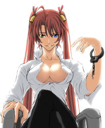 Rule 34 | 00s, 1girl, aged up, ahoge, bell, blue eyes, breasts, cleavage, crossed legs, cuffs, face, green eyes, hair bell, hair ornament, handcuffs, heterochromia, imizu (nitro unknown), kagurazaka asuna, large breasts, long hair, mahou sensei negima!, no bra, open clothes, open shirt, pantyhose, pink hair, shirt, sitting, sleeves pushed up, smirk, solo, twintails, very long hair, white shirt