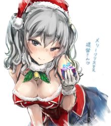 Rule 34 | 10s, 1girl, alternate costume, breasts, christmas, female focus, gift, gloves, hat, highres, kantai collection, kashima (kancolle), large breasts, leaning forward, long hair, looking at viewer, miniskirt, mizugensui, off shoulder, pleated skirt, santa costume, santa hat, silver hair, skirt, smile, solo, twintails, white gloves