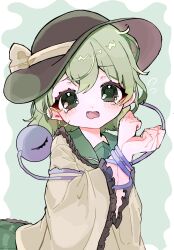 Rule 34 | 1girl, black hat, blouse, bow, buttons, crying, diamond button, eyeball, frilled shirt collar, frilled sleeves, frills, green eyes, green hair, hat, hat bow, hat ribbon, heart, heart of string, highres, komeiji koishi, open mouth, ribbon, shirt, solo, third eye, touhou, ux xu 666, wide sleeves, yellow bow, yellow ribbon, yellow shirt