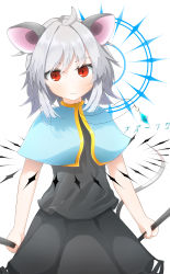 Rule 34 | 1girl, absurdres, animal ears, character name, closed mouth, commentary request, cowboy shot, dowsing rod, expressionless, flat chest, grey hair, grey skirt, grey vest, hair between eyes, highres, holding, looking at viewer, mouse ears, mouse girl, mouse tail, nazrin, red eyes, shirt, short hair, skirt, skirt set, solo, suwa (au swap), tail, touhou, vest, white background, white shirt