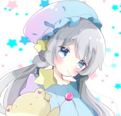 Rule 34 | 1girl, bad id, bad pixiv id, blue dress, blue eyes, blue hat, blush, candy, commentary, dress, english commentary, food, food in mouth, gradient hat, hair between eyes, hair ornament, hat, head tilt, lollipop, long hair, looking at viewer, low twintails, mob cap, mouth hold, original, purple hat, silver hair, solo, star (symbol), star hair ornament, starry background, stuffed animal, stuffed toy, teddy bear, tsukiyo (skymint), twintails, white background