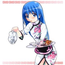 Rule 34 | 1girl, bent over, blue eyes, blue hair, china dress, chinese clothes, dress, female focus, glasses, magical antique, rian (magical antique), solo, standing, tea, third-party edit, waitress, white background