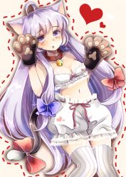 Rule 34 | 1girl, ahoge, animal ears, animal hands, bad id, bad pixiv id, bare arms, bare shoulders, bell, bloomers, bra, breasts, cat ears, cat tail, collar, collarbone, gloves, hair ribbon, heart, kemonomimi mode, long hair, navel, neck bell, open mouth, patchouli knowledge, paw gloves, purple eyes, purple hair, ribbon, small breasts, solo, striped clothes, striped thighhighs, tail, tail bell, tail ornament, thighhighs, touhou, tress ribbon, ukita uuko, underwear, underwear only, very long hair, white bra