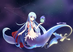 Rule 34 | 1girl, absurdly long hair, absurdres, blue eyes, blue hair, breasts, breasts out, constellation, dated, fish, flower, frills, hair flower, hair ornament, hairband, highres, holding, khorosho, light, long hair, mermaid, monster girl, name tag, navel, outstretched hand, pisces (constellation), shirayuki (warship girls r), sky, smile, solo, star (sky), staring, starry sky, translucent, very long hair, warship girls r