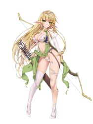 Rule 34 | 1girl, armor, arrow (projectile), bikini armor, blonde hair, blush, bow (weapon), bracelet, breasts, cleavage, clothes lift, contrapposto, detached sleeves, dress, dress lift, earrings, elf, eyes visible through hair, full body, gluteal fold, green eyes, hair ornament, head tilt, high heels, highleg, highleg panties, highres, hoop earrings, jewelry, lace trim, large breasts, long hair, navel, non-web source, original, panties, pelvic curtain, pointy ears, quiver, side slit, single earring, single thighhigh, smile, solo, standing, string panties, thighhighs, thighlet, transparent background, tsurusaki takahiro, underwear, very long hair, weapon, white panties, white thighhighs