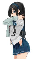 Rule 34 | 1girl, black hair, blue eyes, blue hairband, commentary request, from side, glasses, hairband, hip vent, hita (hitapita), kantai collection, long hair, ooyodo (kancolle), school uniform, serafuku, simple background, skirt, solo, white background