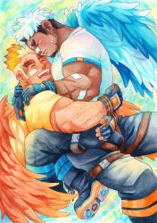 Rule 34 | 2boys, :d, akiha gongen (housamo), bandaid, bandaid on arm, bandaid on cheek, bandaid on face, bandaid on nose, bara, black gloves, black hair, black pants, blonde hair, blue wings, blush, bulge, burn scar, carrying, carrying person, closed eyes, commentary, cross scar, dark-skinned male, dark skin, english commentary, facial hair, fingerless gloves, framed crotch, gloves, goatee, hands on another&#039;s back, hands on another&#039;s shoulders, highres, multicolored hair, multiple boys, mystar21, open mouth, orange wings, pants, scar, scar on arm, shirt, short hair, short sleeves, sideburns stubble, signature, smile, sparse arm hair, stubble, sweatdrop, thick arms, thick eyebrows, thigh strap, tokyo houkago summoners, two-tone hair, undercut, white hair, white shirt, wings, yaoi, yellow shirt