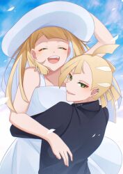 Rule 34 | 1boy, 1girl, :d, affectionate, alternate costume, black shirt, blonde hair, brother and sister, closed eyes, cloud, commentary request, creatures (company), day, dress, ear piercing, falling petals, game freak, gladion (pokemon), green eyes, hat, highres, hug, lillie (pokemon), long hair, mocacoffee 1001, nintendo, open mouth, outdoors, petals, piercing, pokemon, pokemon sm, shirt, short hair, siblings, signature, sky, sleeveless, sleeveless dress, smile, teeth, tongue, upper teeth only, white dress, white headwear