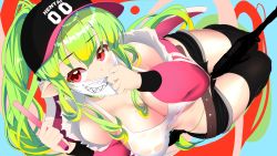 Rule 34 | 1girl, absurdres, assault rifle, baseball cap, between thighs, black shorts, black thighhighs, borrowed character, breasts, choker, commission, covered mouth, elf, glowstick, green choker, green hair, green panties, gun, hat, highleg, highleg panties, highres, jacket, large breasts, legs together, linnaea (silviathepony), long hair, looking at viewer, mask, mask pull, mole, mole on breast, mouth mask, no bra, off shoulder, open clothes, open fly, open jacket, open shorts, oppose, original, panties, pink jacket, pointy ears, ponytail, red eyes, rifle, shirt, shorts, solo, tank top, thighhighs, twisted torso, underwear, very long hair, weapon, wet, wet clothes, wet shirt, white tank top
