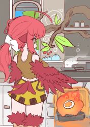 Rule 34 | 1girl, absurdres, ahoge, animal ears, bird ears, bird legs, bird tail, bow, branch, breasts, brown eyes, brown tank top, coco (eogks), cooking, creature, feathered wings, feathers, fire, food, fruit, frying pan, hair bow, harpy, highres, indoors, large breasts, long hair, low ponytail, monster girl, nn (eogks), original, oven, red feathers, red hair, red wings, skirt, smile, solo, steam, tail, tank top, white bow, window, winged arms, wings, yellow skirt