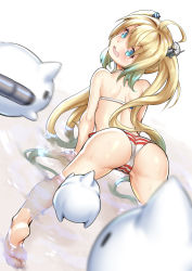 Rule 34 | 1girl, absurdres, ahoge, albacore (warship girls r), all fours, arched back, ass, bare legs, bare shoulders, barefoot, bikini, blue eyes, blush, cameltoe, commentary request, creature, floating, from behind, headgear, highres, long hair, looking at viewer, looking back, motion blur, open mouth, shallow water, simple background, sirills, solo, spread legs, striped bikini, striped clothes, swimsuit, twintails, very long hair, warship girls r, water, white background, white bikini