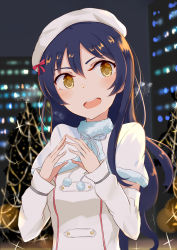 Rule 34 | 10s, 1girl, beret, blue hair, bow, breath, building, capelet, christmas tree, detached sleeves, fingers together, fur trim, hair bow, hat, highres, long hair, long sleeves, love live!, love live! school idol festival, love live! school idol project, nagou nono, night, pom pom (clothes), skyscraper, snow halation, solo, sonoda umi, upper body, yellow eyes