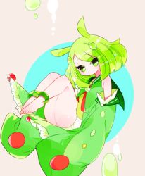 Rule 34 | androgynous, anklet, antenna hair, ass, barefoot, creatures (company), detached sleeves, full body, game freak, gen 5 pokemon, gender request, green eyes, green hair, green shirt, jewelry, looking at viewer, medium hair, nintendo, personification, pink background, pokemon, reuniclus, shirt, simple background, sitting, solo, very long sleeves, yuzu ichika