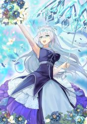 Rule 34 | 1girl, :d, arm up, armpits, blue dress, blush, breasts, circlet, cleavage, commentary request, dress, duel monster, flower, frilled dress, frills, grey hair, hair between eyes, highres, holding, holding flower, holding umbrella, hsin, large breasts, long hair, open mouth, sidelocks, sleeveless, sleeveless dress, smile, solo, sparkle, standing, teardrop the rikka queen, teeth, umbrella, upper teeth only, yu-gi-oh!