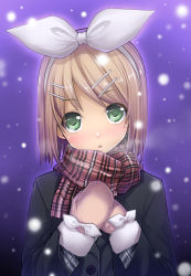 Rule 34 | 1girl, :o, blonde hair, blush, coat, green eyes, hair ornament, hairband, hairclip, hands on own chest, kagamine rin, kintarou (kintarou&#039;s room), looking at viewer, mittens, scarf, short hair, snow, snowing, solo, upper body, vocaloid, winter clothes, winter coat