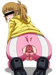 Rule 34 | 10s, 1girl, anus, artist request, ass, bike shorts, blue eyes, blush, body writing, brown hair, censored, from behind, gundam, gundam build fighters, gundam build fighters try, haro, hoshino fumina, huge ass, identity censor, jacket, long hair, looking back, nail polish, novelty censor, open mouth, ponytail, pussy, scrunchie, solo, squatting, torn clothes, uncensored