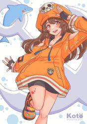 Rule 34 | 1girl, absurdres, anchor, bike shorts, black gloves, brown hair, cabbie hat, dolphin, fingerless gloves, gloves, guilty gear, guilty gear strive, hat, hat ornament, highres, hood, hoodie, i (kotombre 0370), long hair, looking at viewer, may (guilty gear), mr. dolphin (guilty gear), open mouth, orange eyes, orange headwear, orange hoodie, orange shirt, pirate hat, shirt, skull and crossbones, skull hat ornament, smile