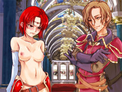 Rule 34 | 1boy, 1girl, angry, armor, belt, black gloves, blush, breasts, brown hair, buckle, church, circlet, collarbone, crossed arms, elbow gloves, fake screenshot, fire emblem, fire emblem: the binding blade, frown, gloves, groin, half-closed eyes, headpiece, hechikanism, indoors, looking away, lowres, melady (fire emblem), narcian (fire emblem), nintendo, nipples, nude, out-of-frame censoring, pillar, red hair, short hair, shoulder pads, topless